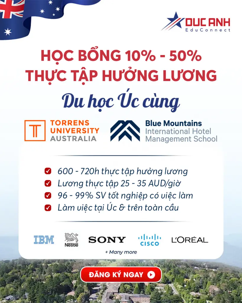 HỌC BỔNG 10% – 50% + THỰC TẬP HƯỞNG LƯƠNG TẠI ÚC CÙNG TORRENS UNIVERSITY & BLUE MOUNTAINS INTERNATIONAL HOTEL MANAGEMENT SCHOOL